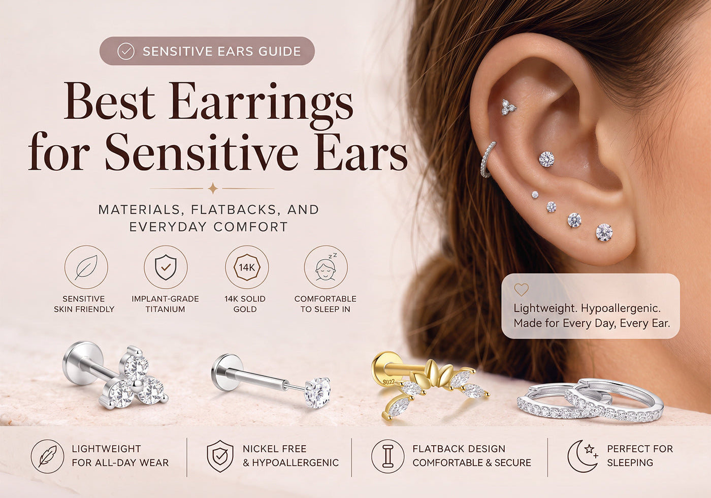 KOSINER Best Earrings for Sensitive Ears with 14K Gold and Titanium Flatback Earrings