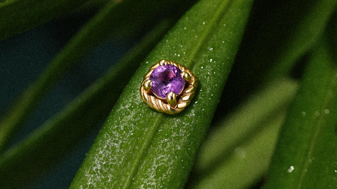 Elegant purple gemstone tragus stud with a twisted gold border, displayed on a green leaf for delicate jewelry styling.