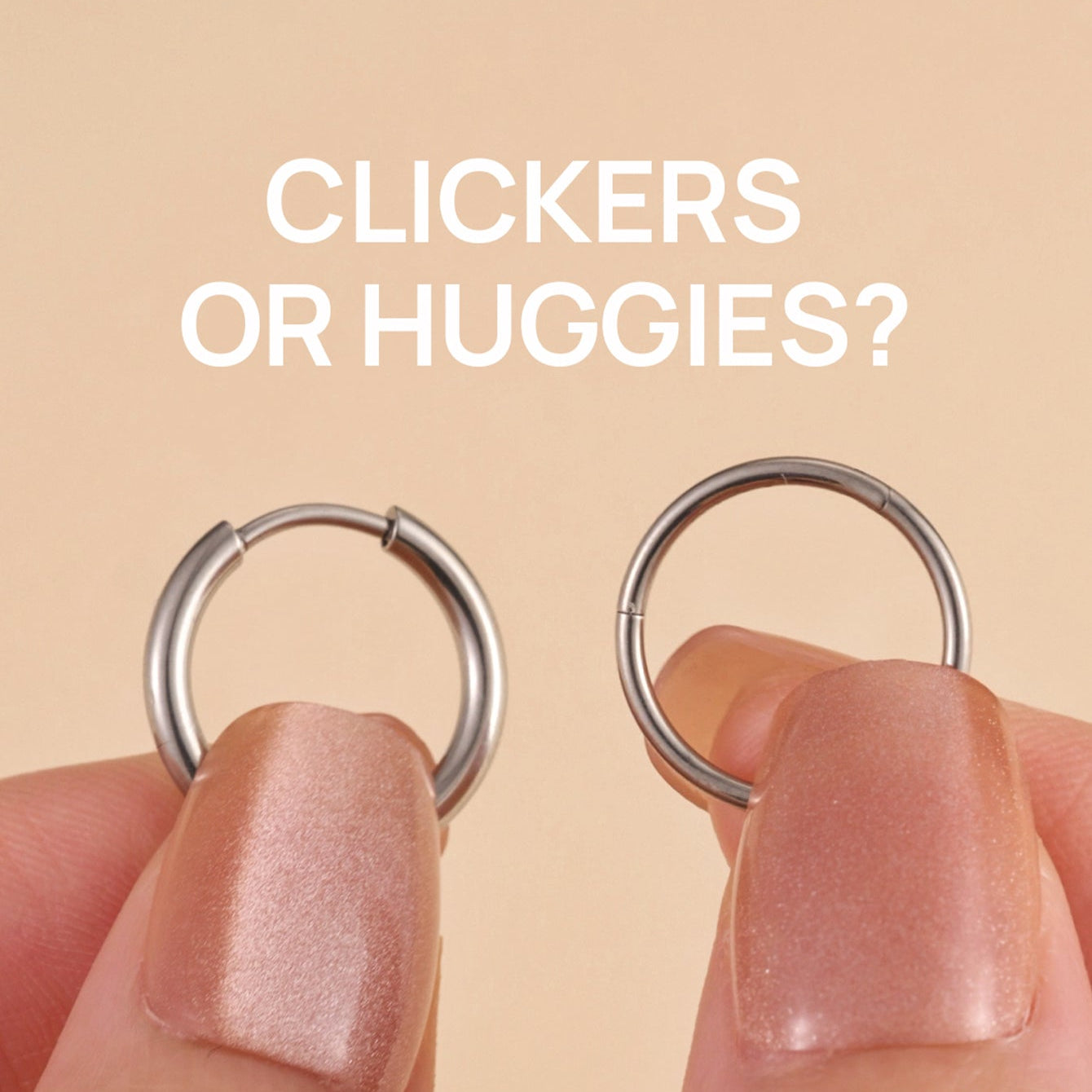 Comparison of clicker and huggie hoop earrings held between fingers showing closure mechanisms and design differences