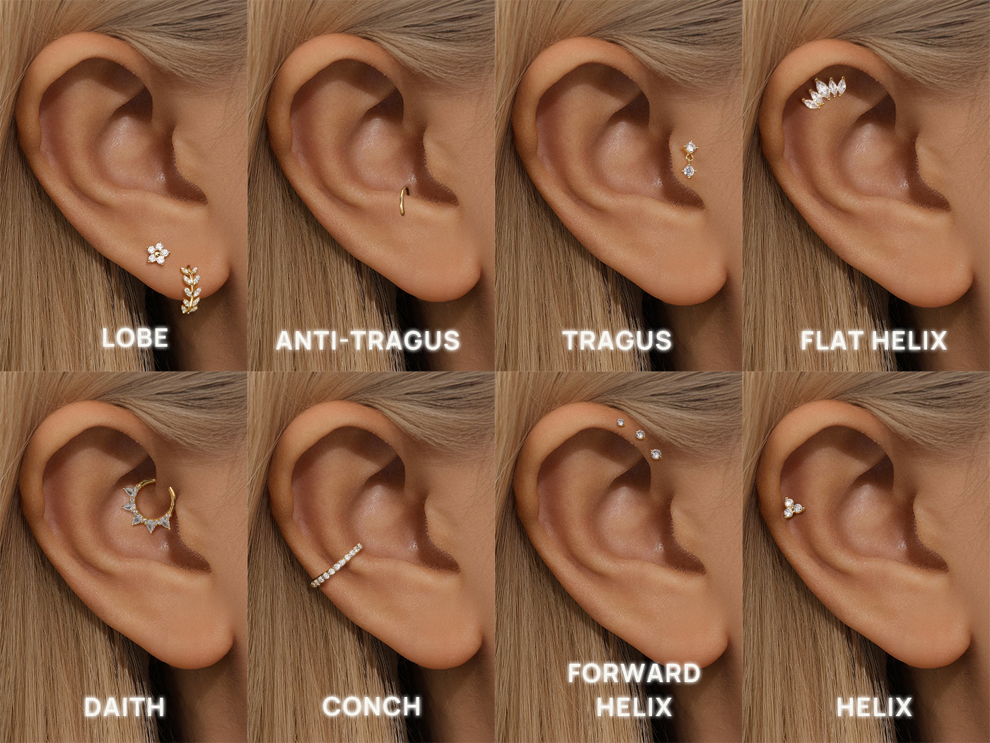 Complete guide to ear piercing types showing lobe, helix, tragus, conch, daith, and forward helix placements with jewelry examples