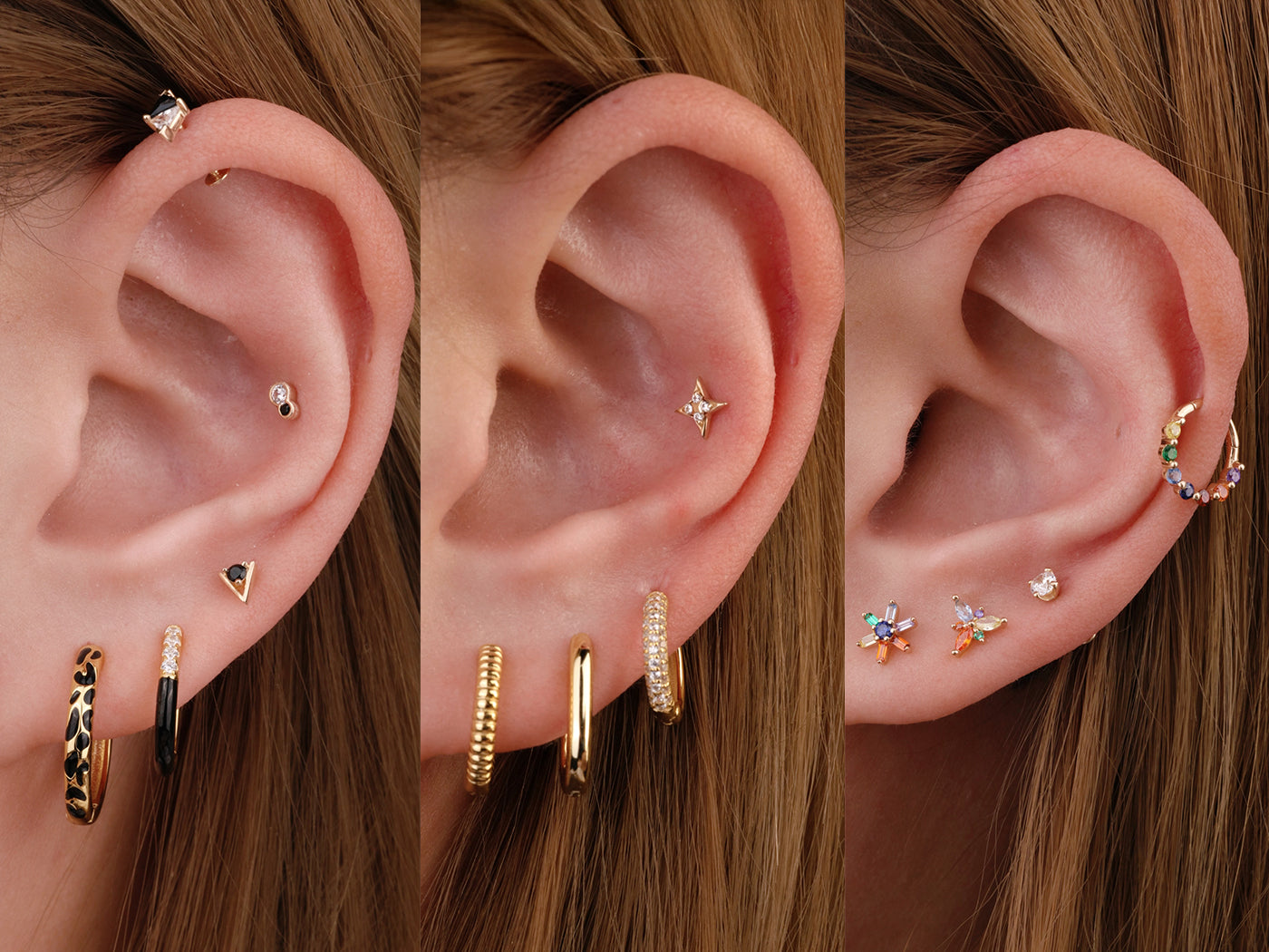 A collage of three ears showing various helix piercing styles, including gold hoops, flat back studs, and colorful floral gems.