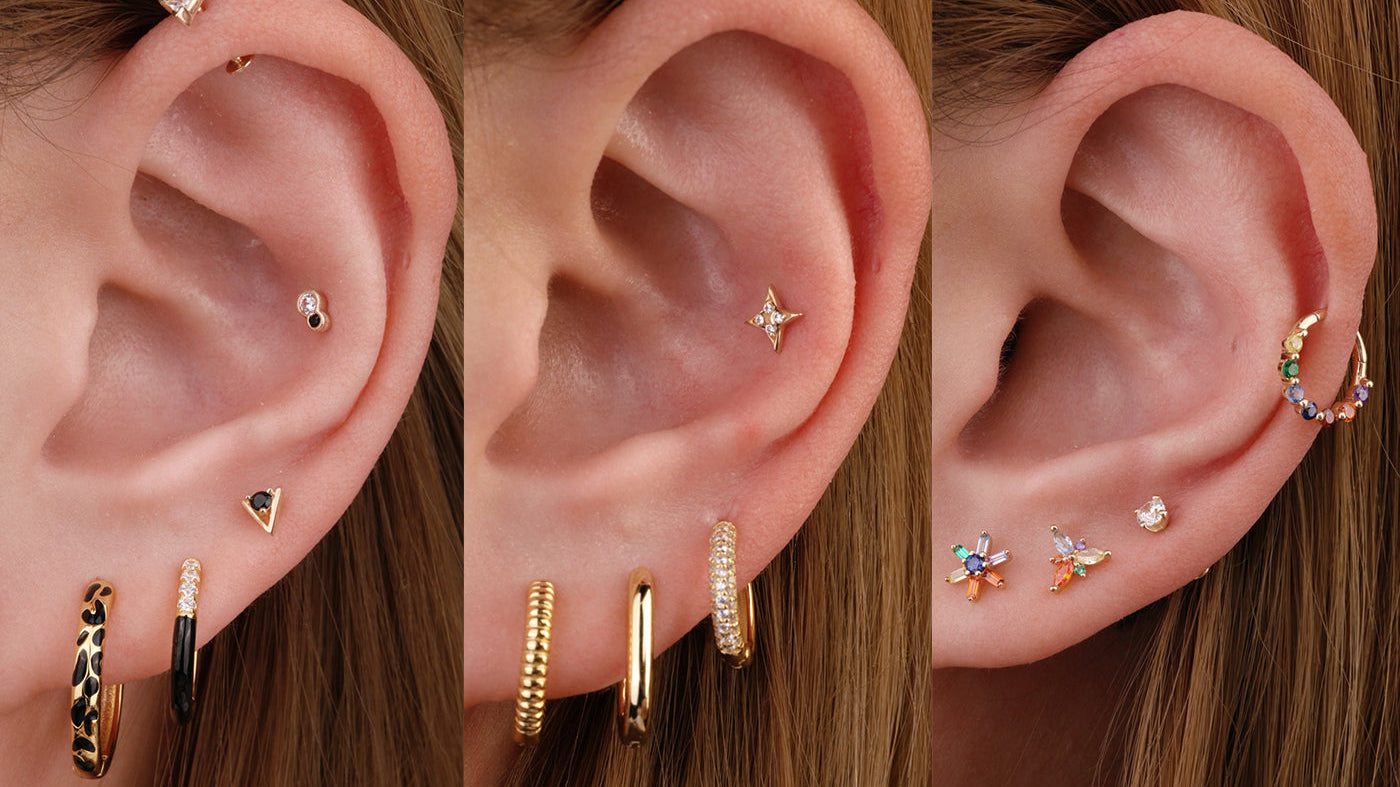 A collage of three ears showing various helix piercing styles, including gold hoops, flat back studs, and colorful floral gems.