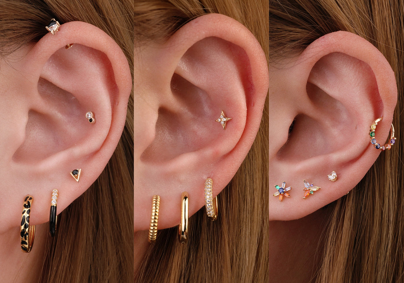 A collage of three ears showing various helix piercing styles, including gold hoops, flat back studs, and colorful floral gems.