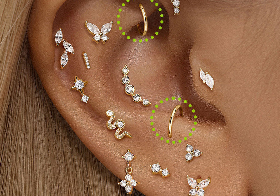 A detailed ear jewelry display including a snake, butterfly, and crystal studs alongside a highlighted simple gold hoop rook piercing.