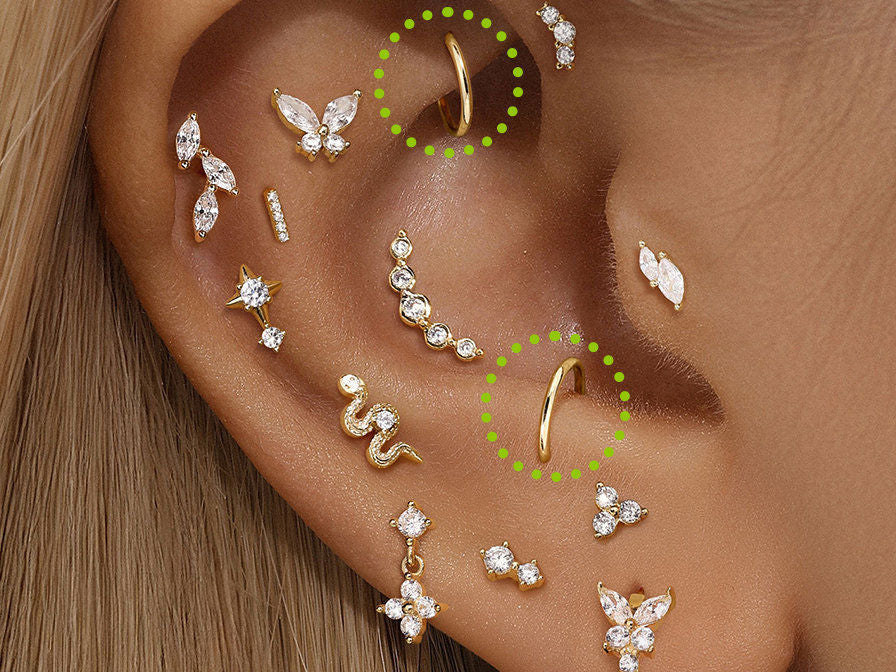 A detailed ear jewelry display including a snake, butterfly, and crystal studs alongside a highlighted simple gold hoop rook piercing.