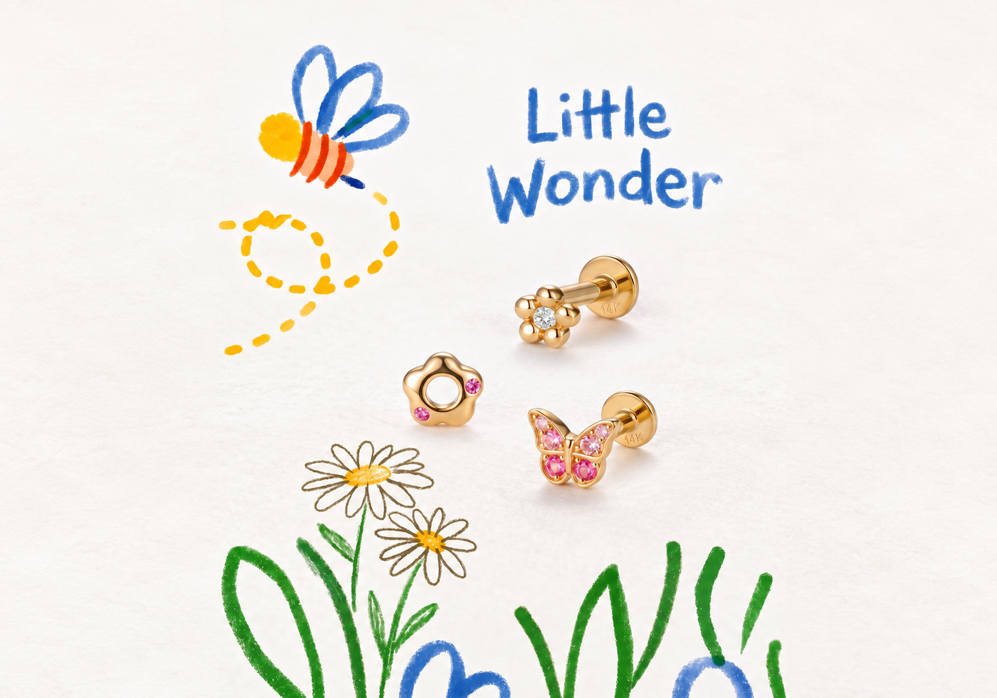 Kosiner Jewelry Little Wonder 14K gold flower and butterfly flat back earrings with a hand-drawn bee and flowers