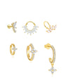 Gold plated sterling silver earring set with pave cubic zirconia: butterfly, flower, leaf, septum ring, and hoops.