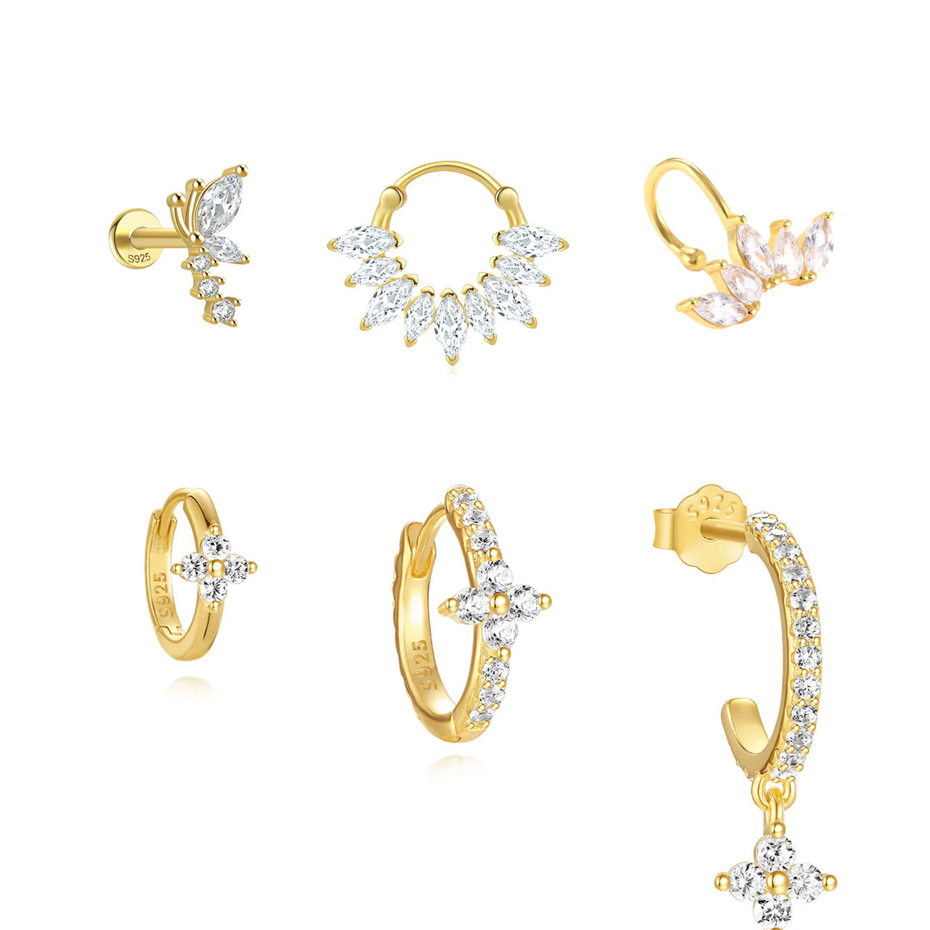 Gold plated sterling silver earring set with pave cubic zirconia: butterfly, flower, leaf, septum ring, and hoops.