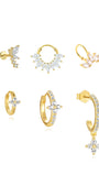 Gold plated sterling silver earring set with pave cubic zirconia: butterfly, flower, leaf, septum ring, and hoops.