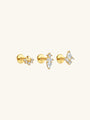Three 18k gold plated sterling silver flat back labret studs with cubic zirconia: crown, marquise, butterfly.