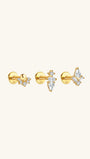 Three 18k gold plated sterling silver flat back labret studs with cubic zirconia: crown, marquise, butterfly.