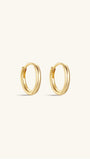 Pair of polished 18K gold-plated 925 sterling silver huggie hoop earrings on white background, classic casual wear.