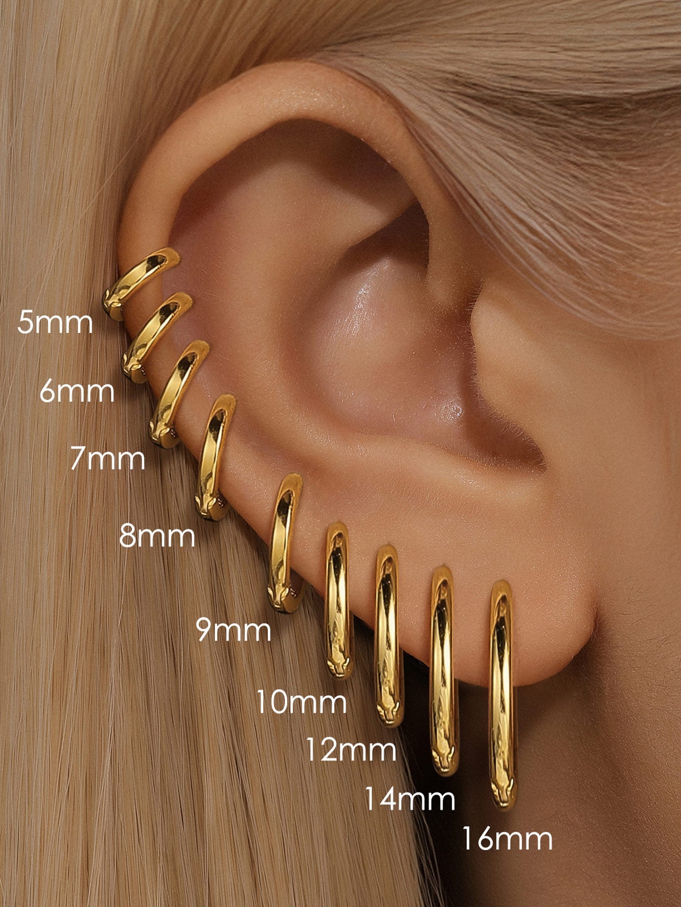 Model wearing 18K gold-plated 925 sterling silver hoop earrings in sizes 5mm to 16mm, showcasing daily casual wear options.