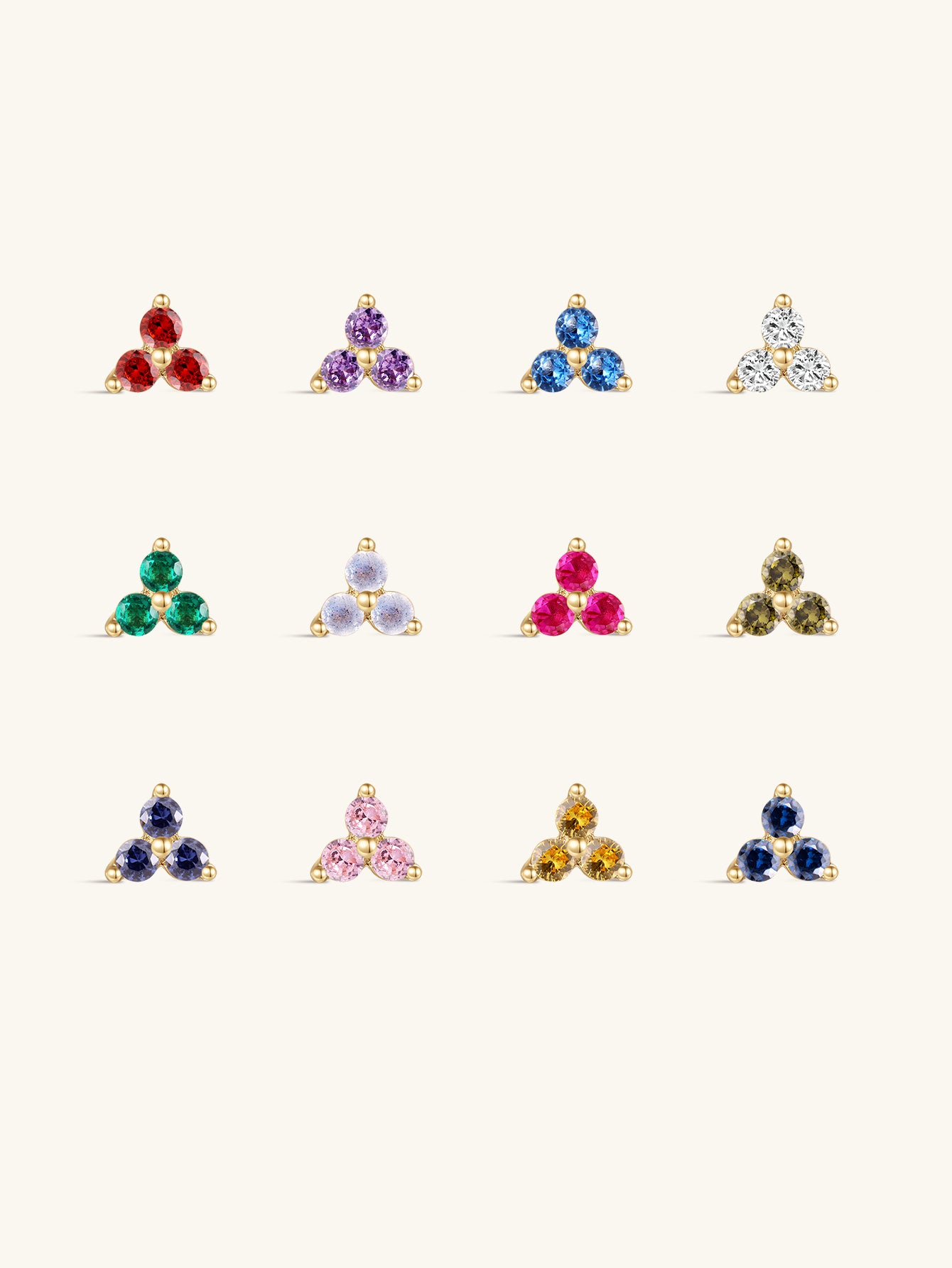14K Solid Gold Trinity Shiny Birthstone Stud