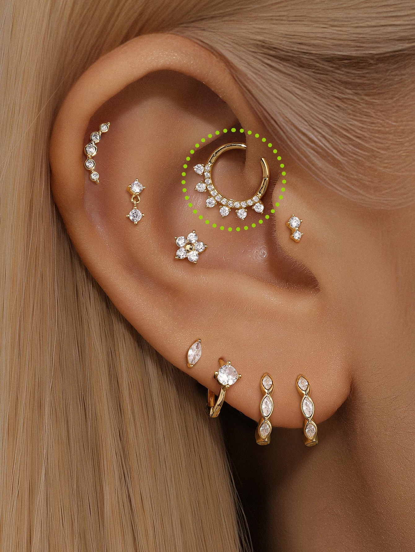 14K solid gold daith earring with sunburst cubic zirconia crystals. 18g, 8mm inner diameter.
