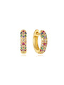 Gold-plated 925 sterling silver hoop earrings with colorful cubic zirconia stones, irregular arrangement.