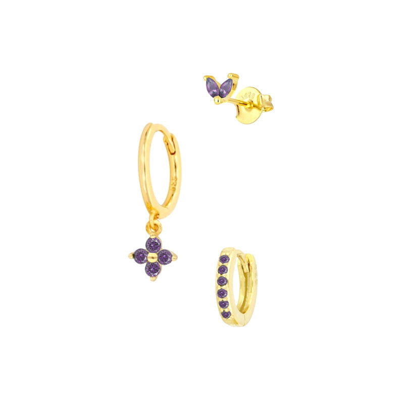 Kosiner Multicolor Flower Zircon Earring Set-Purple