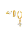 Gold 925 sterling silver earring set with zircon: stud, hoop, dangling flower. Product showcase.