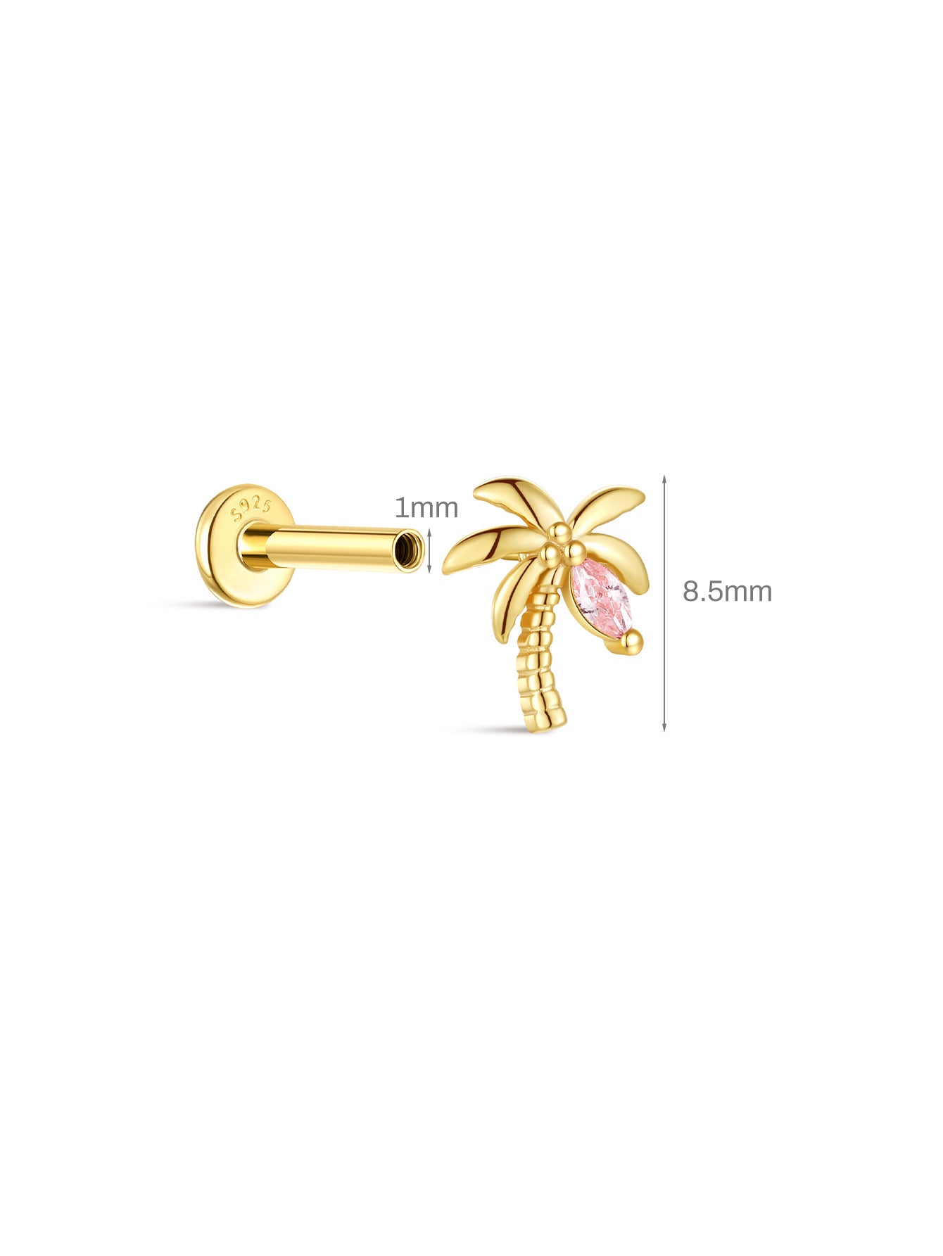 KOSINER Palm tree flatback stud size guide, 8.5mm height, 1mm post thickness