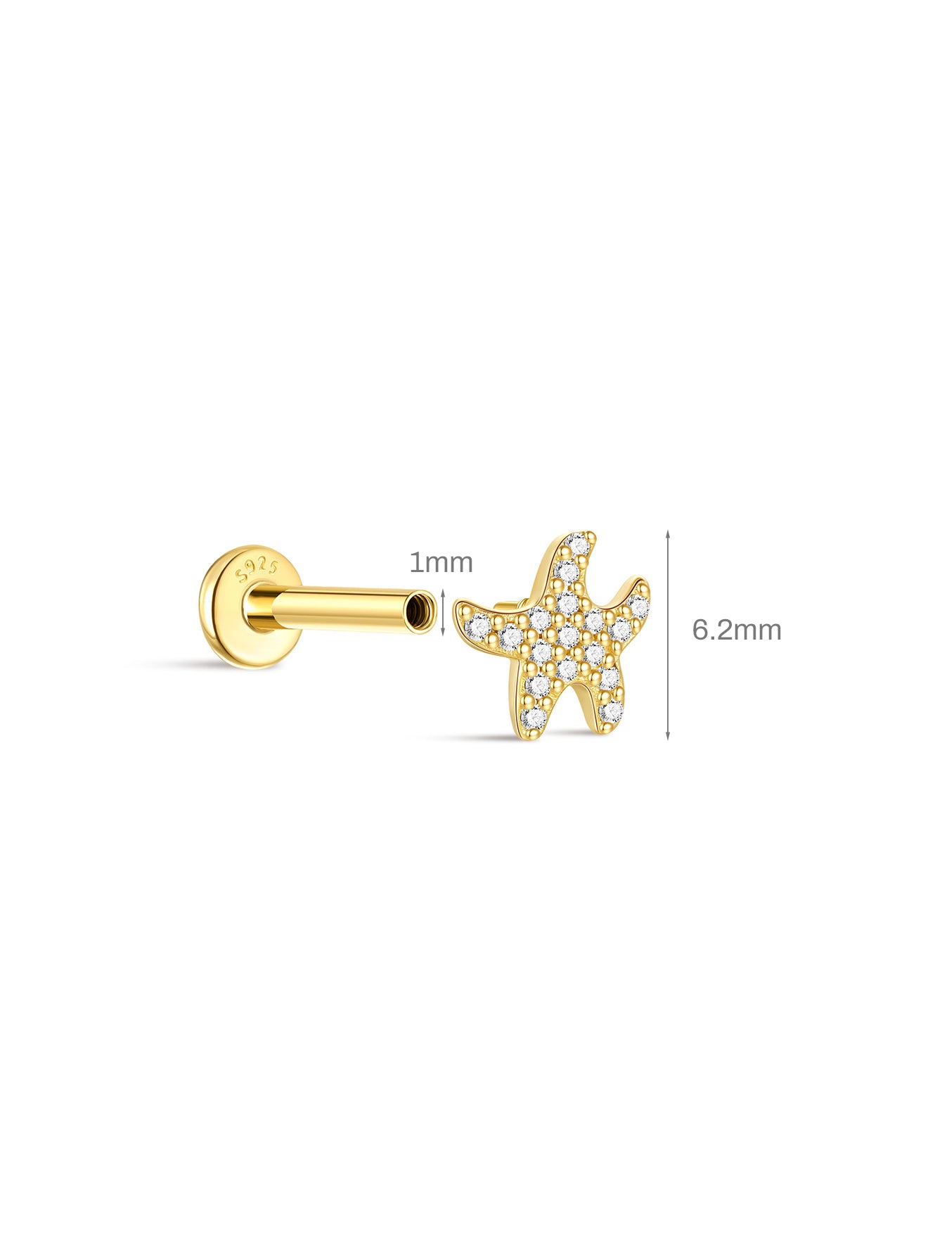 KOSINER Seastar flatback stud size guide, 6.2mm height, 1mm post thickness