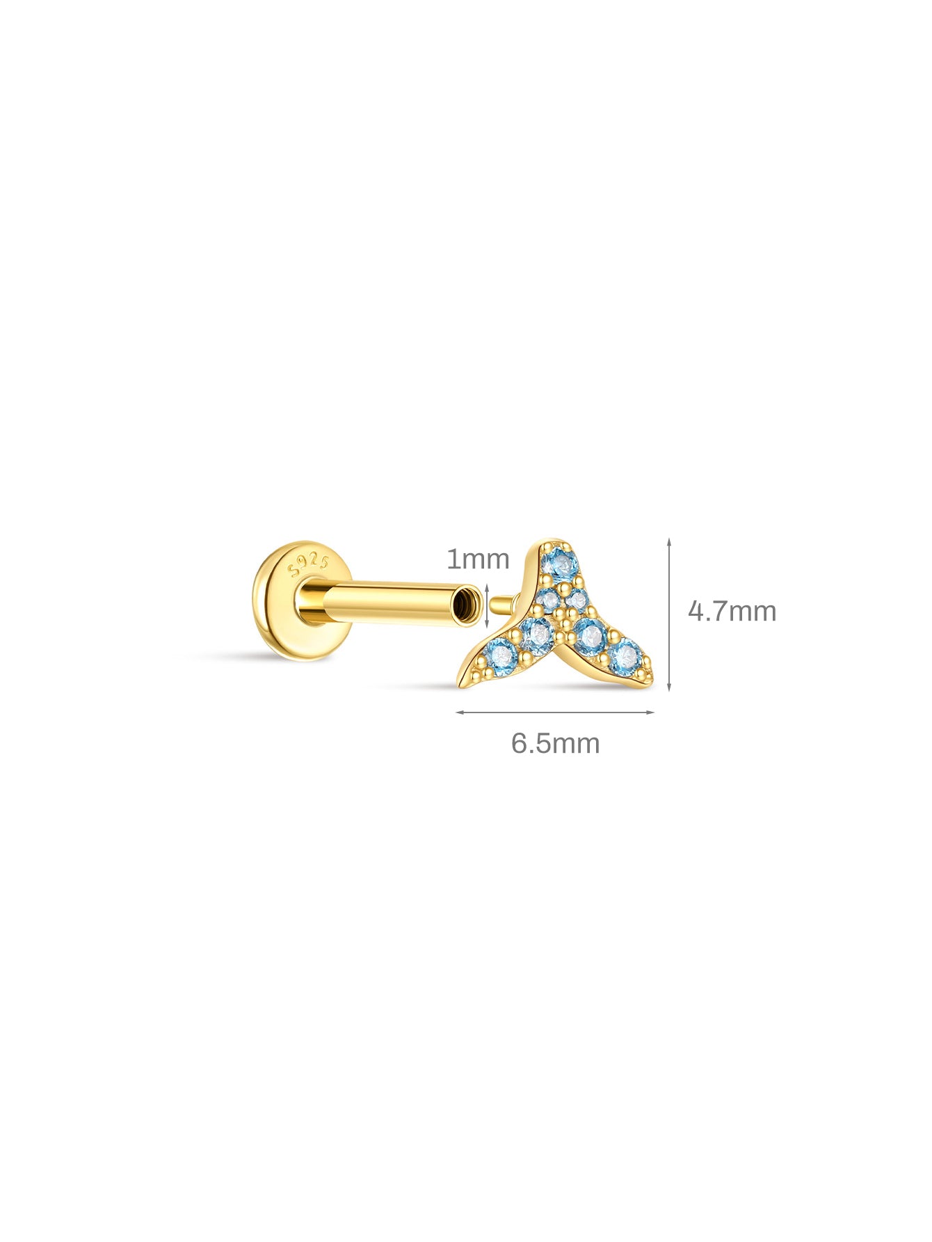 KOSINER Mermaid tail flatback stud size guide, 4.7mm height, 1mm post thickness