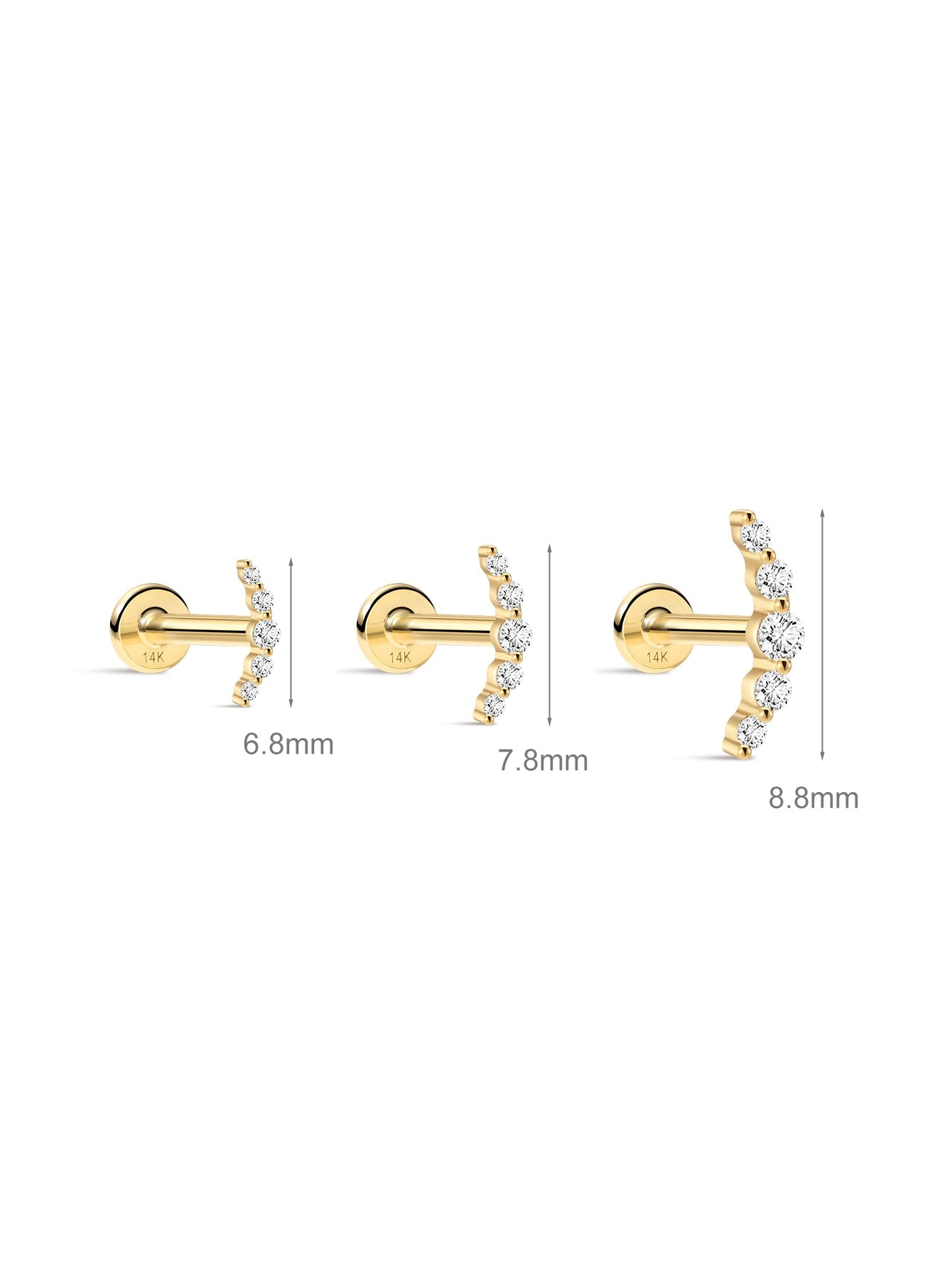 Kosiner Jewelry KOSINER 14K Solid Gold Delicate Pave Crescent Flat Back Stud
