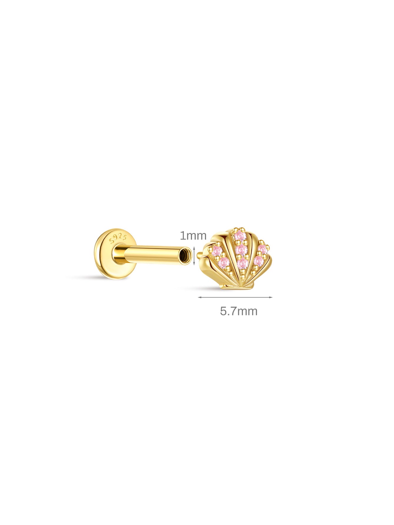 KOSINER Seashell flatback stud size guide, 5.7mm width, 1mm post thickness