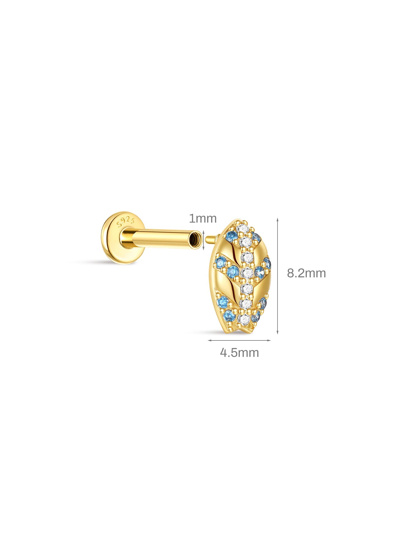 KOSINER delicate ocean silhouette flatback stud size guide, 8.2mm height, 1mm post