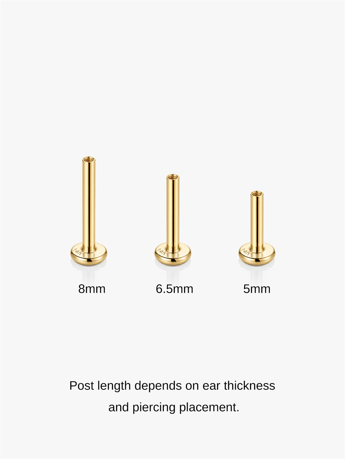 14K solid gold flat back labret post length comparison 5mm /6.5mm /8mm, cartilage piercing stud bar sizing reference image