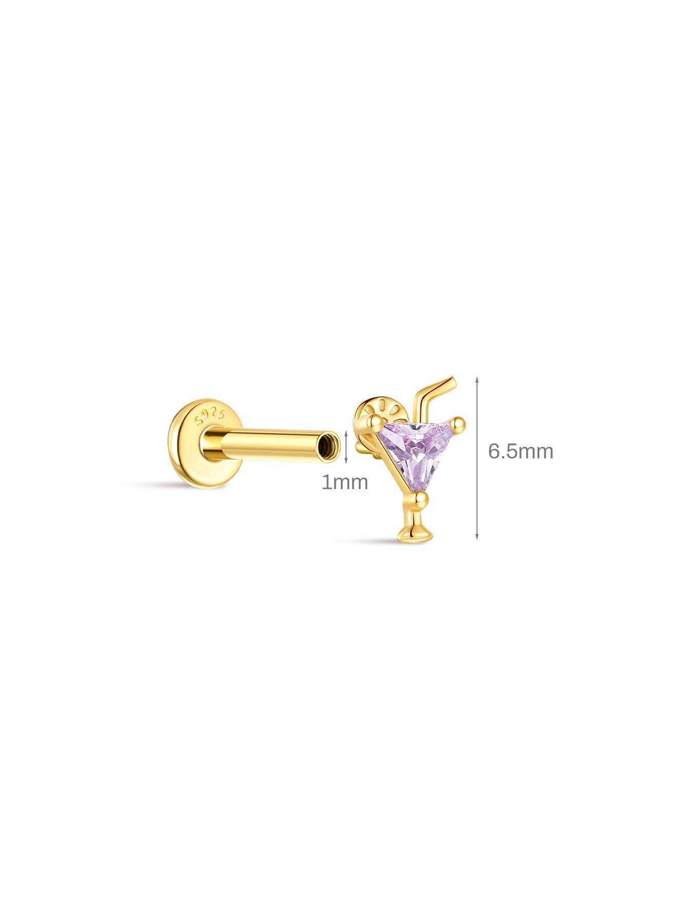 KOSINER Cocktail glass flatback stud size guide, 6.5mm height, 1mm post thickness