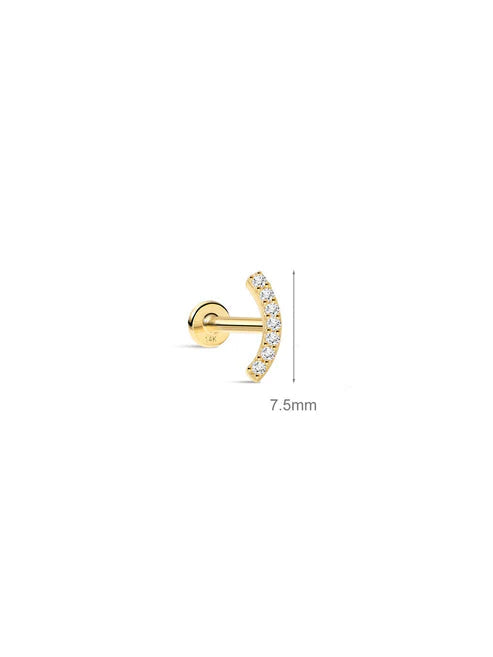 KOSINER 14K Solid Gold Elegant Pave Curved Flat Back Stud, six round gemstones, polished finish