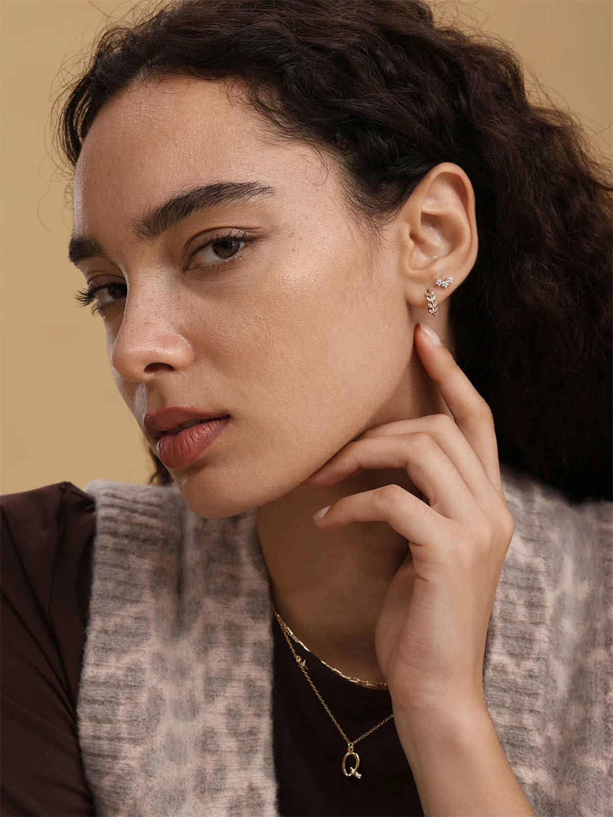 KOSINER Sculpted Leaf Huggie Earring, 14K solid gold with CZ stones, secure click closure for helix conch piercings