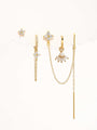 Set of 4 gold-plated sterling silver earrings with CZ: star stud, flower chain, pearl dangle hoop, bar ear jacket.