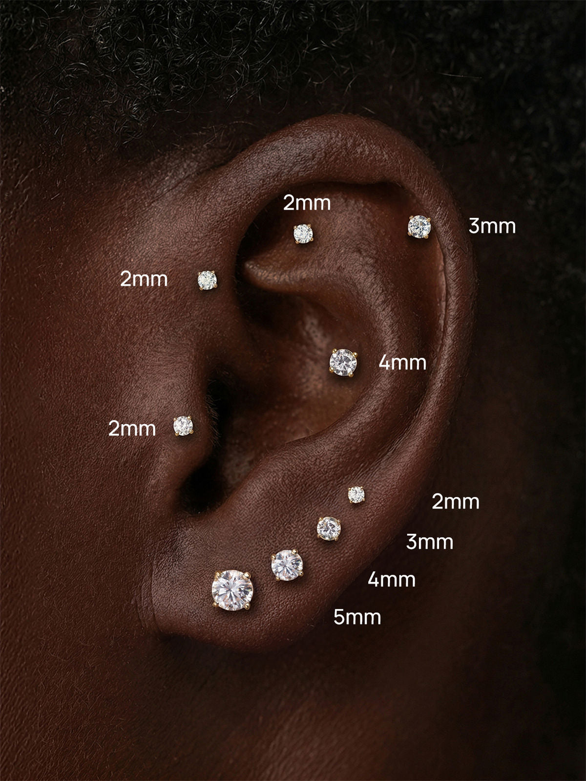 KOSINER minimalist 4-prong round CZ stud, curated ear stacking look for helix conch tragus piercings