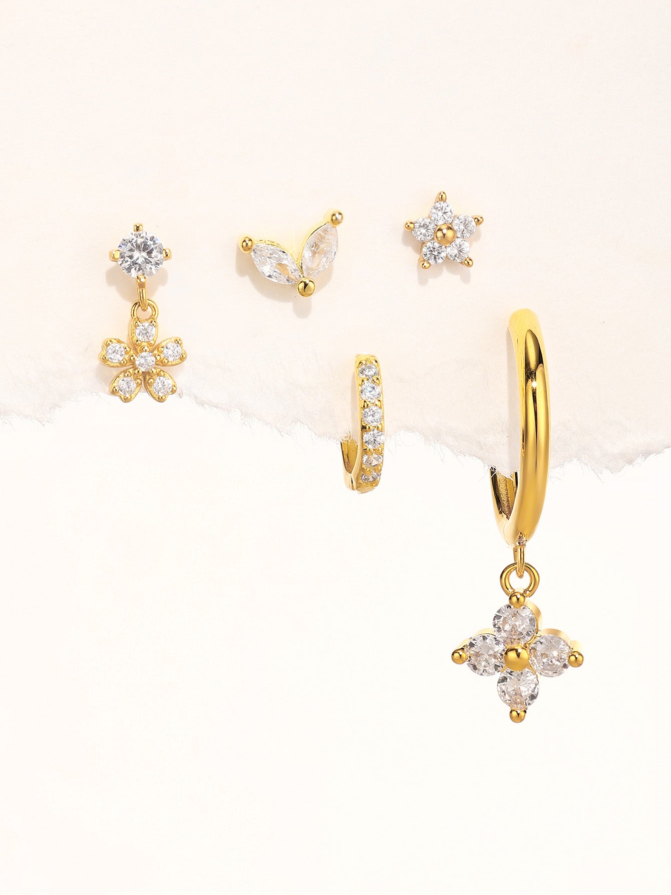 Set of gold 925 sterling silver zircon stud earrings: flower, butterfly, star, hoop, clover designs.