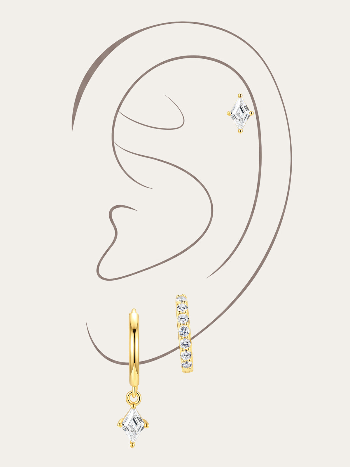 Model wearing 3-piece 18k gold-plated earrings: stud, hoop, and dangle, featuring quadrilateral cubic zirconia.