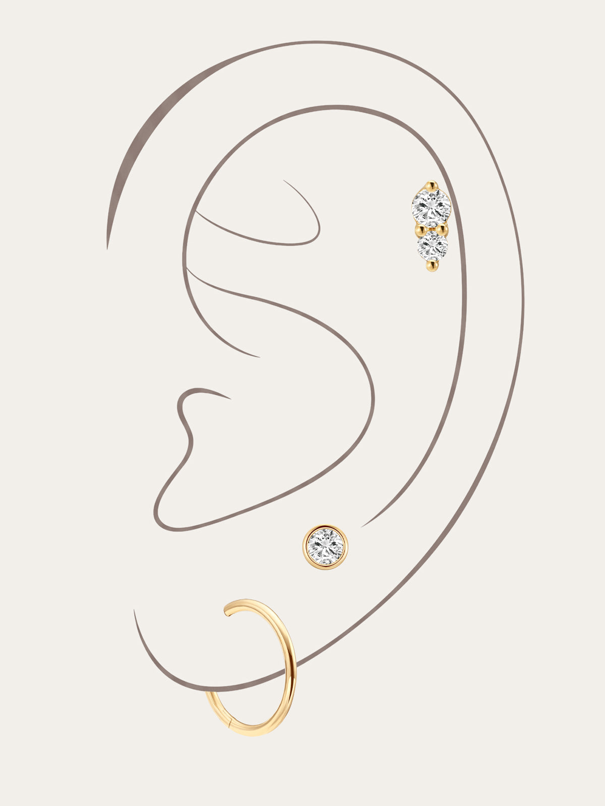 Kosiner 14K Solid Gold Flatback Earrings Ear Stack with CZ Studs and Mini Hoops on Ear