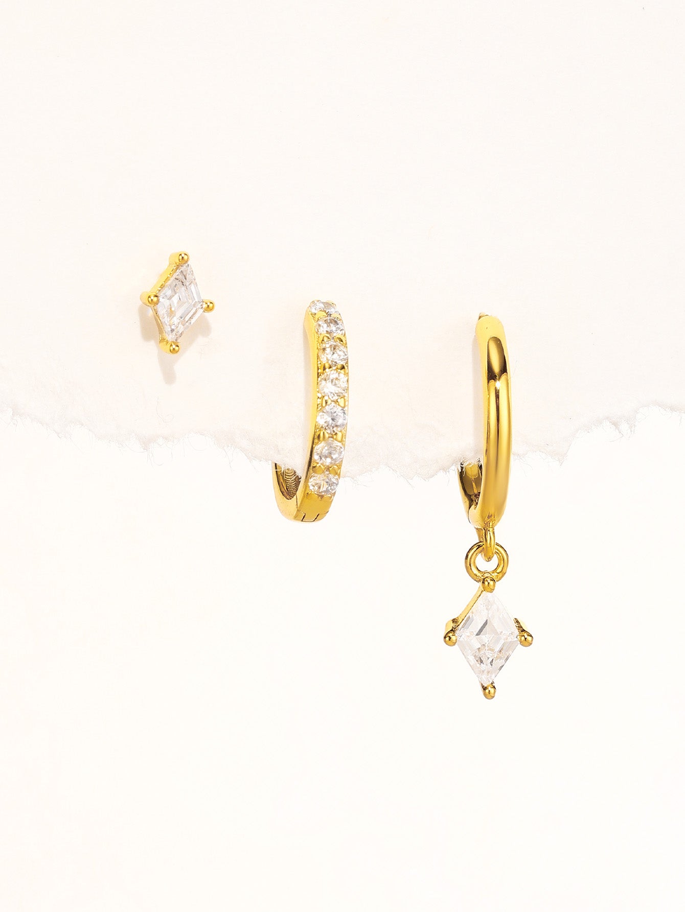 Gold plated 18k earrings set, 3 pcs, cubic zirconia, quadrilateral cut, hypoallergenic, nickel-free.