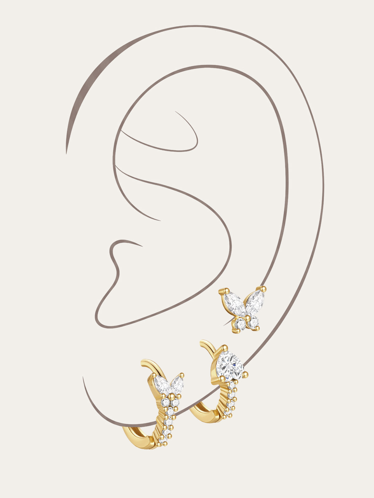 Gold-plated sterling silver earring set with butterfly stud and two CZ hoop earrings, showcasing dazzling sparkle.