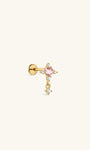 KOSINER Pink Ritual 925 sterling silver cross drop flat back stud, polished gold cross frame centered with a pink heart gemstone, surrounded by clear round crystals and fitted with a delicate dangling crystal charm, hypoallergenic internally threaded cartilage piercing earring