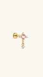KOSINER Pink Ritual 925 sterling silver cross drop flat back stud, polished gold cross frame centered with a pink heart gemstone, surrounded by clear round crystals and fitted with a delicate dangling crystal charm, hypoallergenic internally threaded cartilage piercing earring