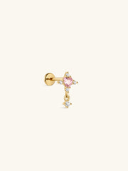 KOSINER Pink Ritual 925 sterling silver cross drop flat back stud, polished gold cross frame centered with a pink heart gemstone, surrounded by clear round crystals and fitted with a delicate dangling crystal charm, hypoallergenic internally threaded cartilage piercing earring