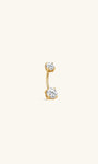 KOSINER classic 14K solid gold navel piercing stud front view, curved banana bar design with four-prong set round clear cubic zirconia gemstone at both top and bottom ends, timeless double stone belly button ring construction