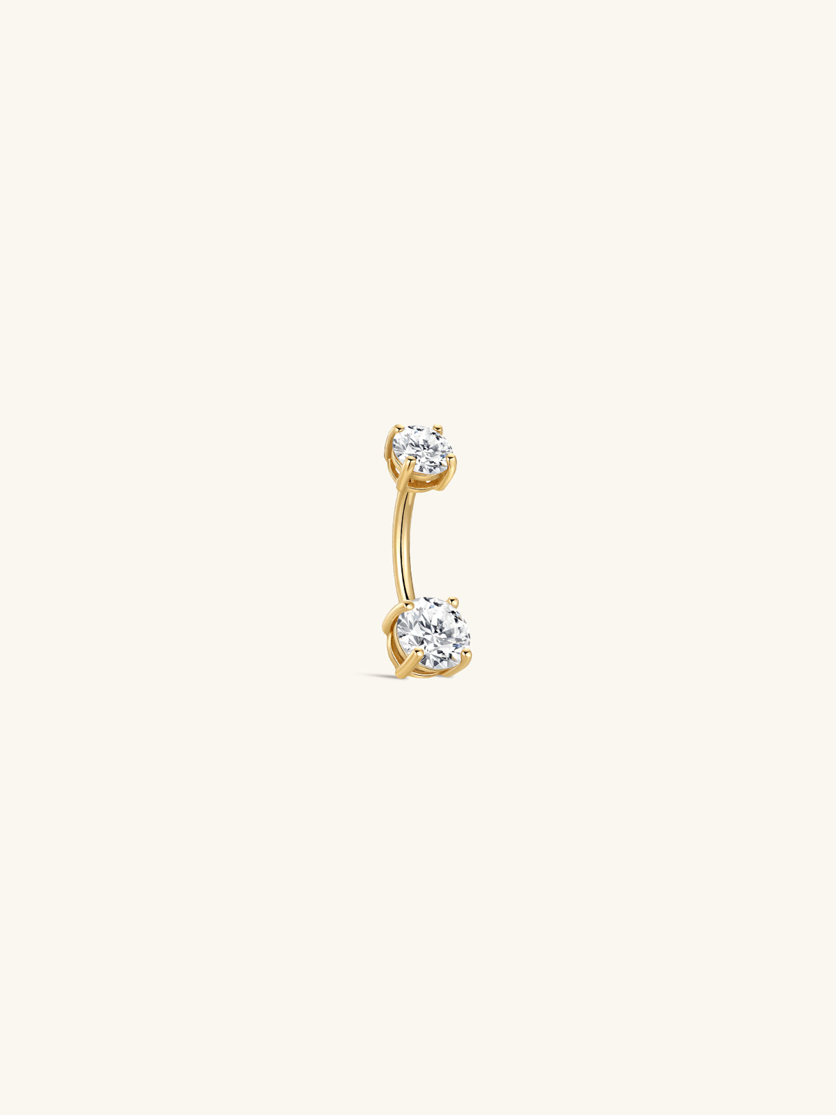 KOSINER classic 14K solid gold navel piercing stud front view, curved banana bar design with four-prong set round clear cubic zirconia gemstone at both top and bottom ends, timeless double stone belly button ring construction