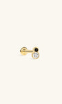 Side profile shot of KOSINER Puzzle 14K solid gold two-tone bezel flat back stud, internally threaded post stamped 14K, figure-8 shaped bezel setting with top black cz stone & larger clear round cz stone, modern black-white contrast cartilage piercing stud
