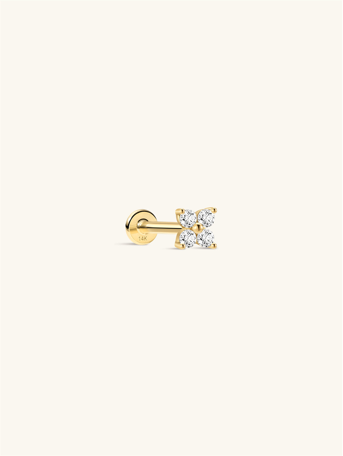 KOSINER 14K Gold Bloom Flower Piercing Stud, internally threaded, four CZ stones setting, for sensitive ears