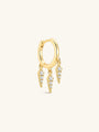 KOSINER Prism Collection 925 sterling silver 18K gold vermeil clicker hoop earring, polished hinged huggie hoop with three dangling pave clear cubic zirconia rhombus spike charms, edgy geometric dangle cartilage piercing hoop design