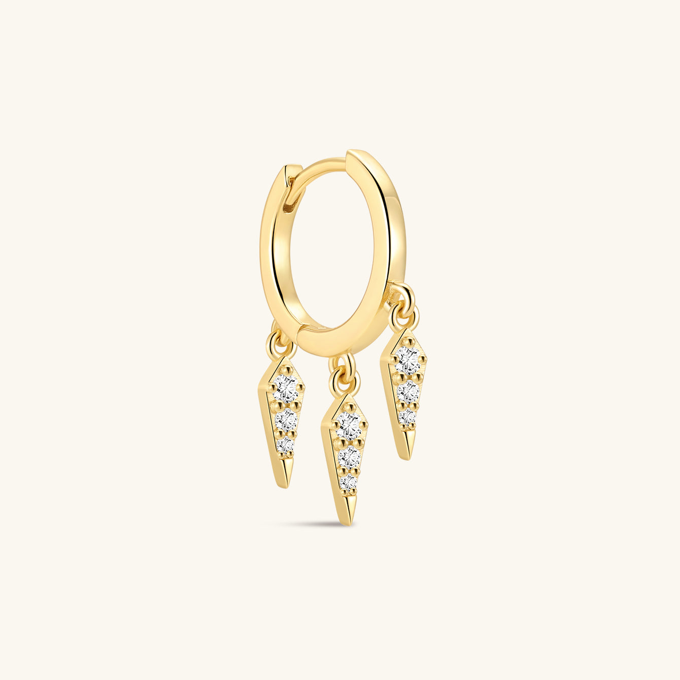 KOSINER Prism Collection 925 sterling silver 18K gold vermeil clicker hoop earring, polished hinged huggie hoop with three dangling pave clear cubic zirconia rhombus spike charms, edgy geometric dangle cartilage piercing hoop design