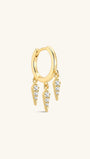 KOSINER Prism Collection 925 sterling silver 18K gold vermeil clicker hoop earring, polished hinged huggie hoop with three dangling pave clear cubic zirconia rhombus spike charms, edgy geometric dangle cartilage piercing hoop design