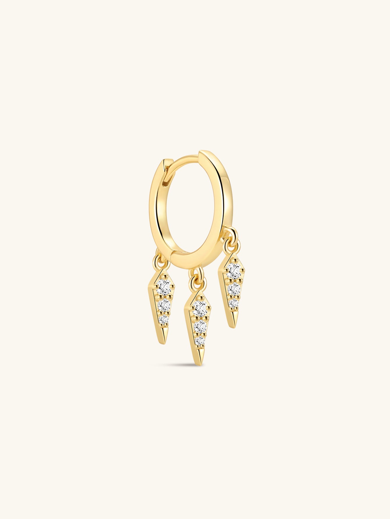 KOSINER Prism Collection 925 sterling silver 18K gold vermeil clicker hoop earring, polished hinged huggie hoop with three dangling pave clear cubic zirconia rhombus spike charms, edgy geometric dangle cartilage piercing hoop design
